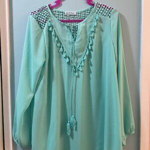 $4 if bundled w/another item! Sheer Mint Green Top With Tassels, Size 2xl